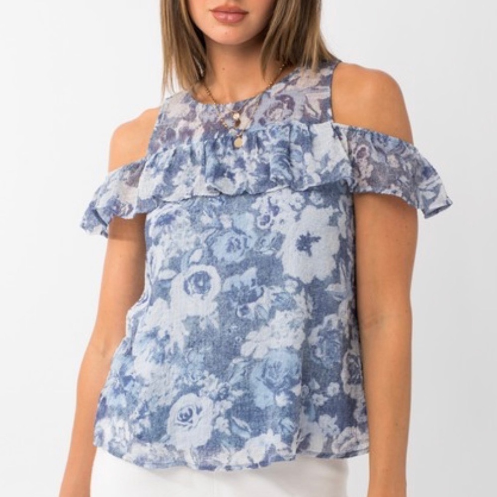 Gilli Blue & White Floral Ruffle Cold Shoulder Blouse